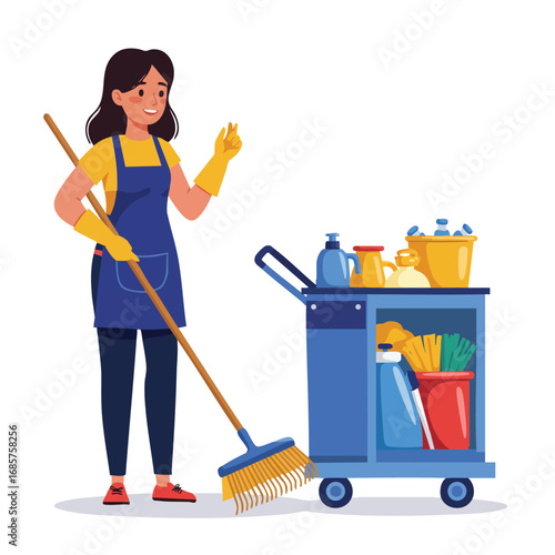 Female janitor cleaning with broom and cleaning cart in casual outfit and gloves 