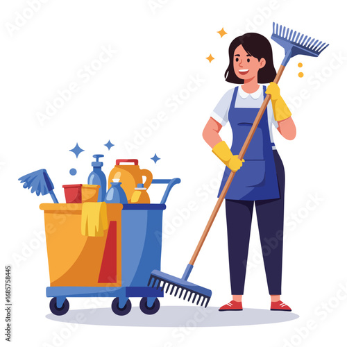 Female janitor cleaning with broom and cleaning cart full of supplies in uniform and gloves