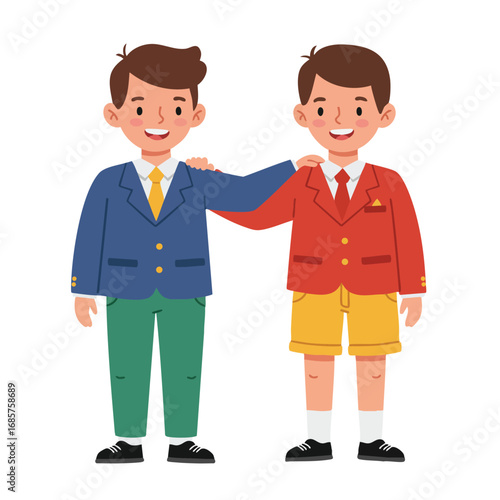 Two happy boys in colorful school uniforms with jackets and shorts smiling together vector illustration 