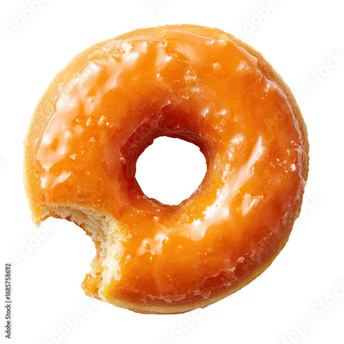 A glazed donut with a bite taken out of it