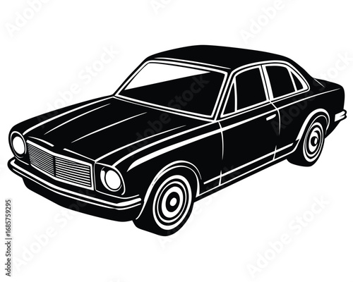 Vector art of black and white graphic illustration of a vintage sedan car