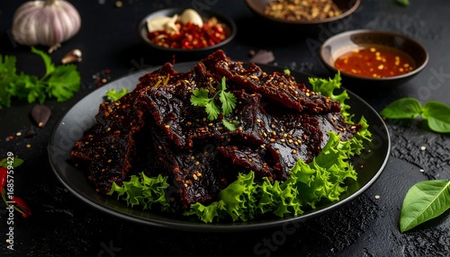 A dark plate of beef jerky, surrounded by herbs, spices, and condiments on a black surface