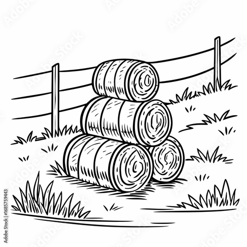 Hay bale farm drawing sketch. Hand drawn haystack. Isolated vector illustration.