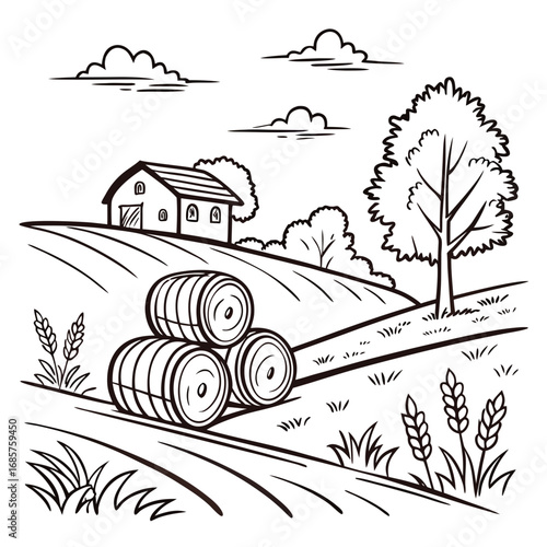 Hay bale farm drawing sketch. Hand drawn haystack. Isolated vector illustration.