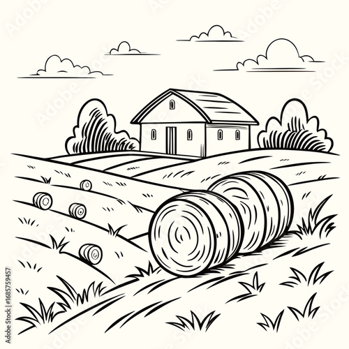 Hay bale farm drawing sketch. Hand drawn haystack. Isolated vector illustration.