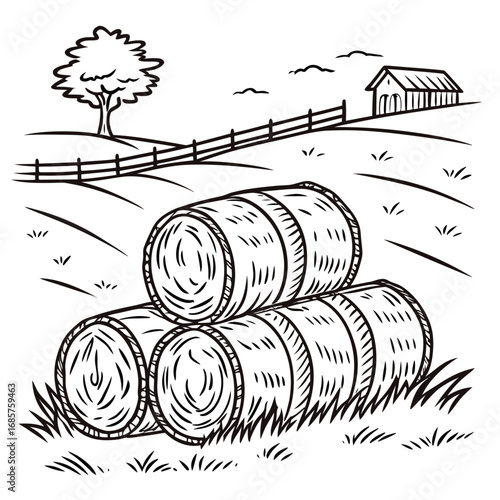 Hay bale farm drawing sketch. Hand drawn haystack. Isolated vector illustration.