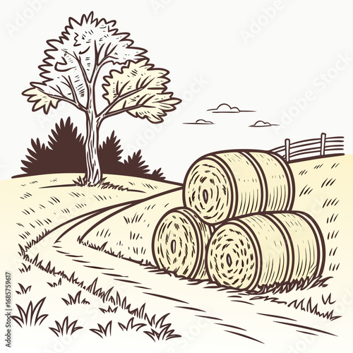 Hay bale farm drawing sketch. Hand drawn haystack. Isolated vector illustration.
