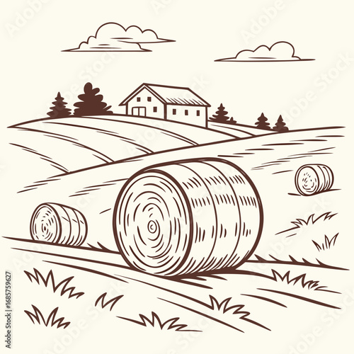 Hay bale farm drawing sketch. Hand drawn haystack. Isolated vector illustration.