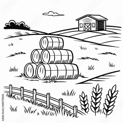 Hay bale farm drawing sketch. Hand drawn haystack. Isolated vector illustration.