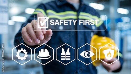 Employee Touching Glowing Safety First Hologram for Occupational Safety and Workplace Protection