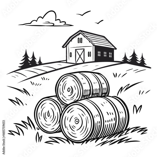 Hay bale farm drawing sketch. Hand drawn haystack. Isolated vector illustration.