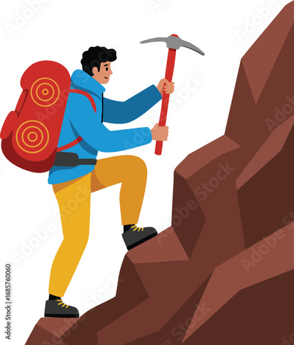 Mountain climber with backpack using ice axe climbing steep rocky terrain outdoor adventure activity 