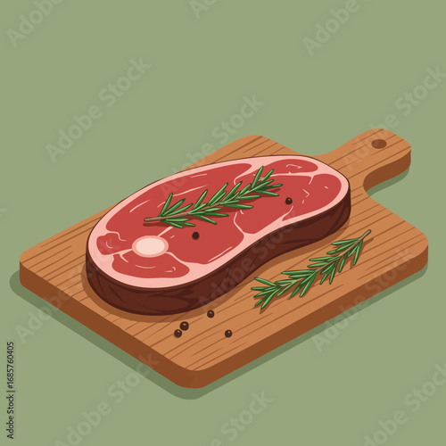 Raw beef steak with rosemary and peppercorns on wooden cutting board vector illustration 