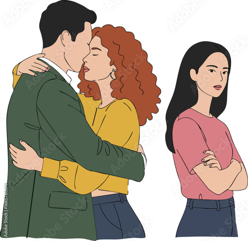 Couple embracing while woman with crossed arms looks away in relationship conflict illustration 