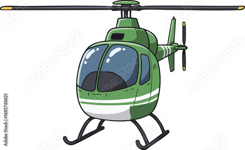 Green and white helicopter flying with rotor blades spinning vector illustration in front view 