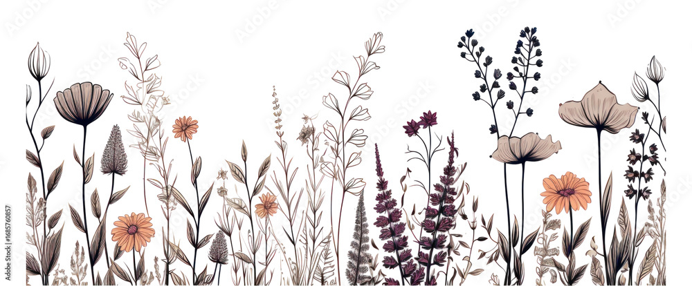 Naklejka premium PNG Flowers and herbs border sketch backgrounds pattern.
