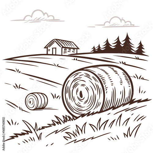 Hay bale farm drawing sketch. Hand drawn haystack. Isolated vector illustration.
