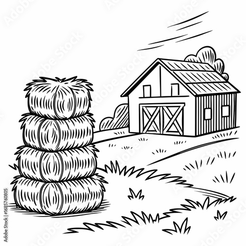 Hay bale farm drawing sketch. Hand drawn haystack. Isolated vector illustration.