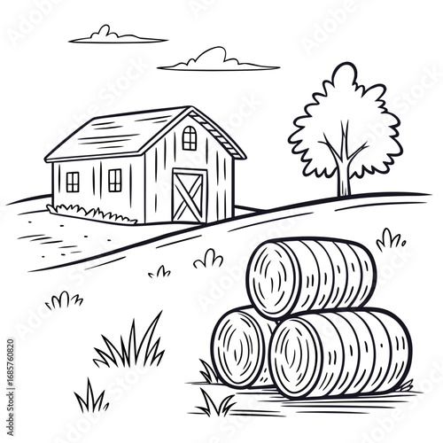 Hay bale farm drawing sketch. Hand drawn haystack. Isolated vector illustration.