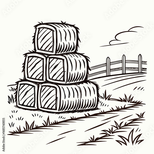 Hay bale farm drawing sketch. Hand drawn haystack. Isolated vector illustration.