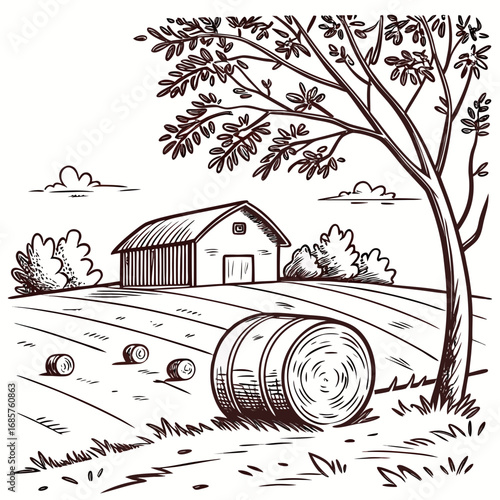 Hay bale farm drawing sketch. Hand drawn haystack. Isolated vector illustration.