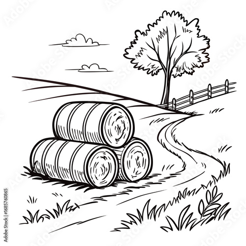 Hay bale farm drawing sketch. Hand drawn haystack. Isolated vector illustration.