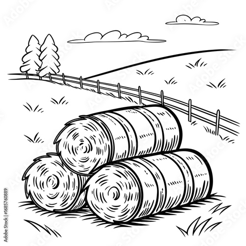 Hay bale farm drawing sketch. Hand drawn haystack. Isolated vector illustration.
