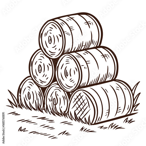 Hay bale farm drawing sketch. Hand drawn haystack. Isolated vector illustration.