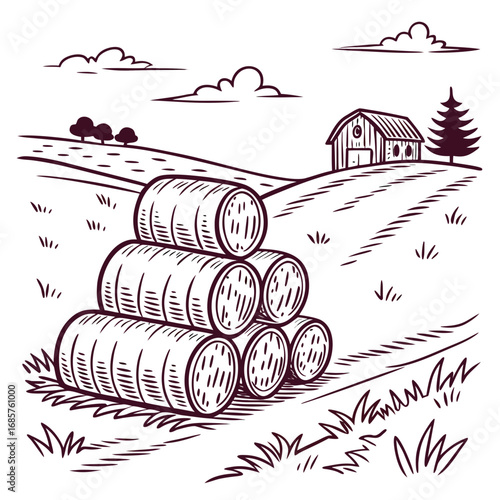 Hay bale farm drawing sketch. Hand drawn haystack. Isolated vector illustration.