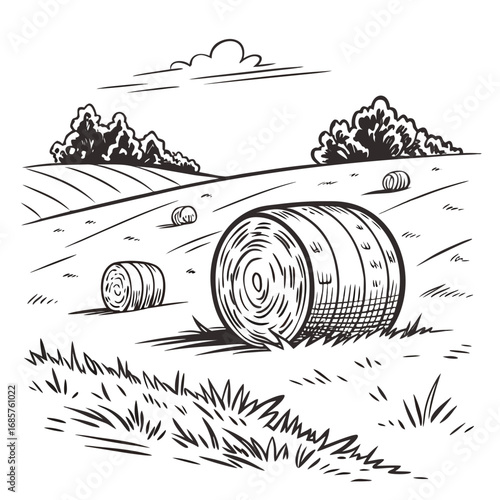 Hay bale farm drawing sketch. Hand drawn haystack. Isolated vector illustration.