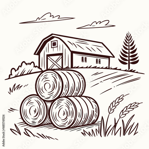 Hay bale farm drawing sketch. Hand drawn haystack. Isolated vector illustration.