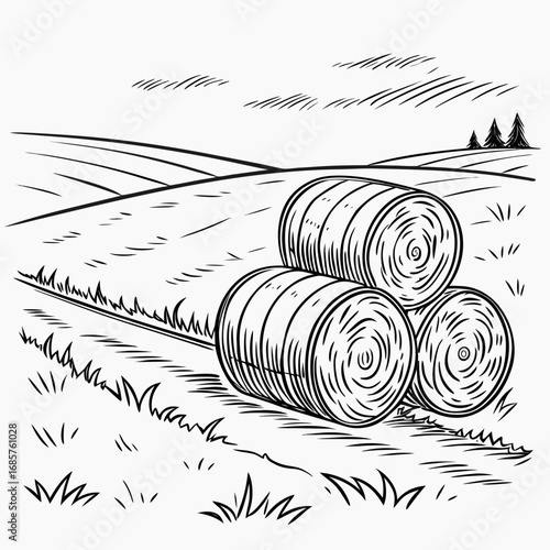 Hay bale farm drawing sketch. Hand drawn haystack. Isolated vector illustration.