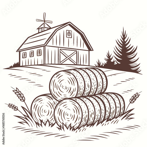 Hay bale farm drawing sketch. Hand drawn haystack. Isolated vector illustration.