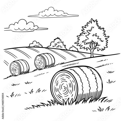 Hay bale farm drawing sketch. Hand drawn haystack. Isolated vector illustration.