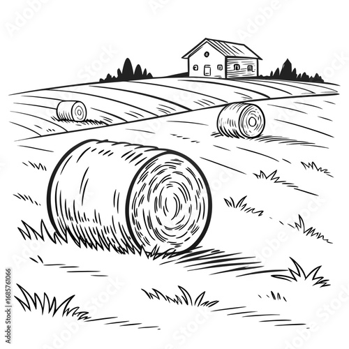 Hay bale farm drawing sketch. Hand drawn haystack. Isolated vector illustration.