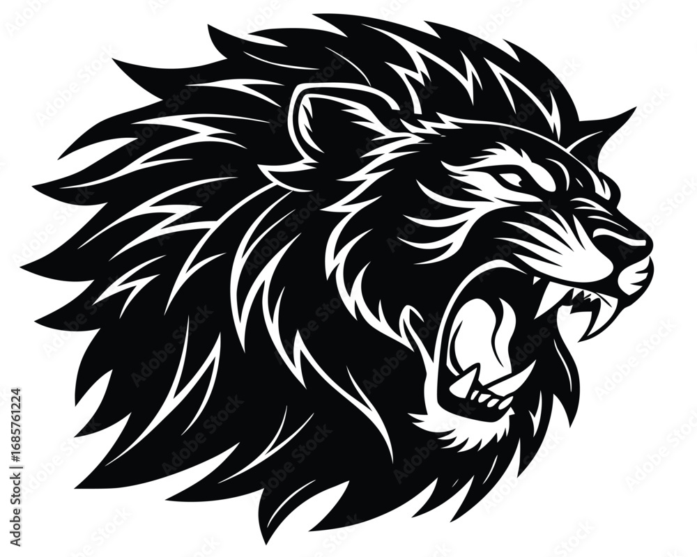 Fototapeta premium Vector art of fierce roaring lion head with sharp teeth and mane