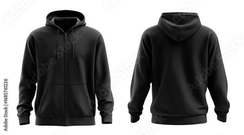 Full view of a black zip-up hoodie