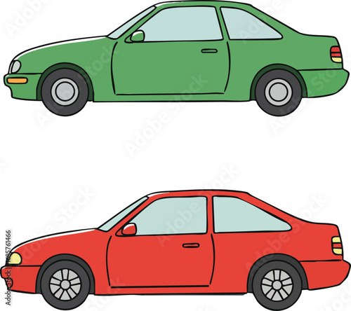 Two side view cars in green and red colors vector illustration of compact vehicles with simple design and clean lines for transport concept 