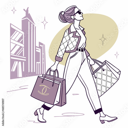 Fashionista woman with sunglasses, full of luxury bags.