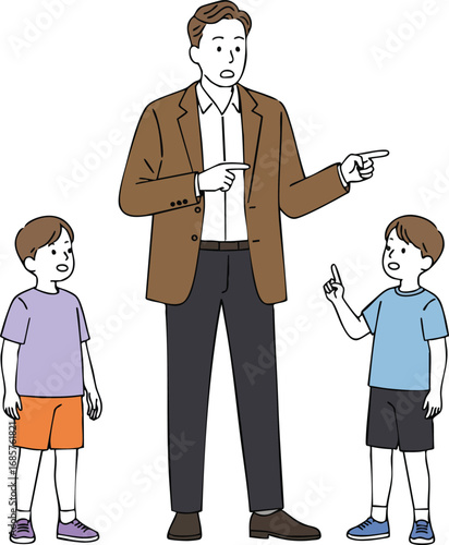 Father instructing two young boys with pointing gestures in casual clothing vector illustration 