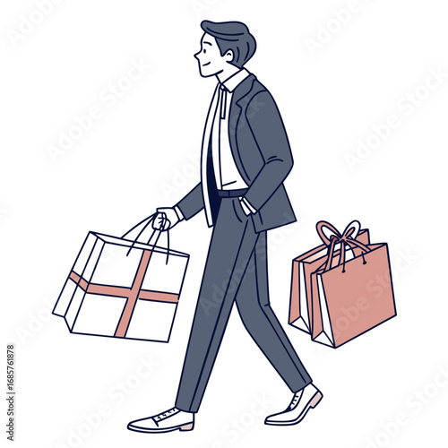 Man in suit with gift bags after shopping.