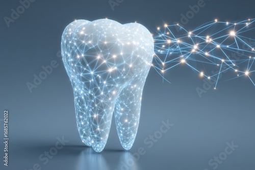 Digital tooth structure with glowing network connections on blue background.