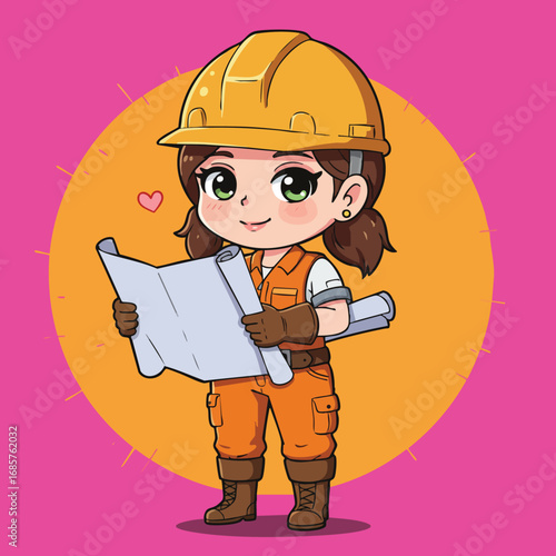 Female construction worker holding blueprint in orange outfit and yellow helmet cartoon vector illustration 
