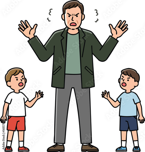 Angry father scolding two upset boys in casual clothes vector illustration of family conflict and discipline 