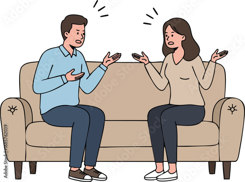 Man and woman having a serious conversation sitting on beige couch in casual clothes illustration 