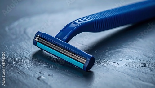 Close-up of a blue disposable razor on a dark stone surface