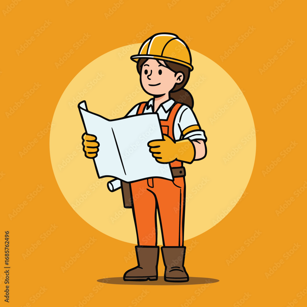 Fototapeta premium Female construction worker holding blueprint with safety gear in orange and yellow colors vector illustration 