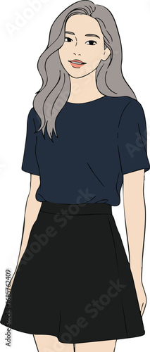 Young woman with gray hair wearing navy blue shirt and black skirt fashionable casual style vector illustration 