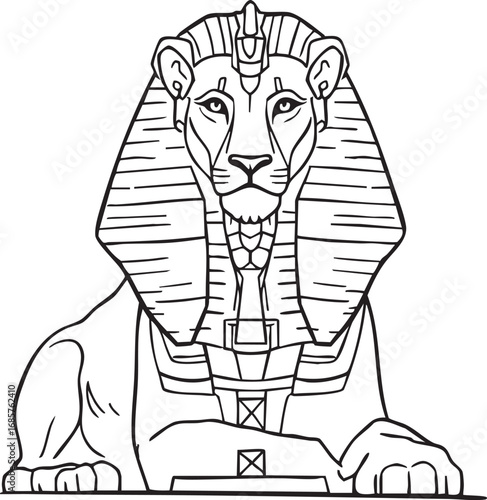 Black and white vector of Egyptian sphinx with lion body and human head perfect for mythology, history, and cultural design themes