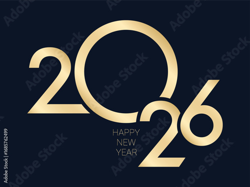 Elegant 2026 Happy New Year Illustration with Gold typography and Dark Blue Background 